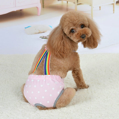 Calças de Fralda Ajustáveis para Cadelas com Suspensórios de Arco-Íris Cuecas Sanitárias Fofas de Bolinhas para Cachorros Shorts Reutilizáveis para Cães
