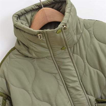 2024 autumn new women's fashion pocket decoration loose long sleeved stand collar diamond grid cotton jacket short jacket
