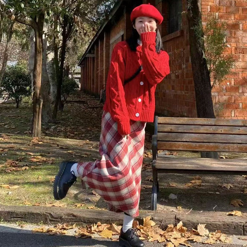 2025 Autumn Vintage Woolen Plaid Skirts Lady Elegant High Waist Slimming A-Line Skirt Women Korean Streetwear Slit Long Skirt