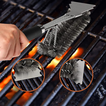 Durable Stainless Steel Grill Brush with Scraper Spring Head - No-Shed Wire BBQ Cleaning Brush for Outdoor Barbecue