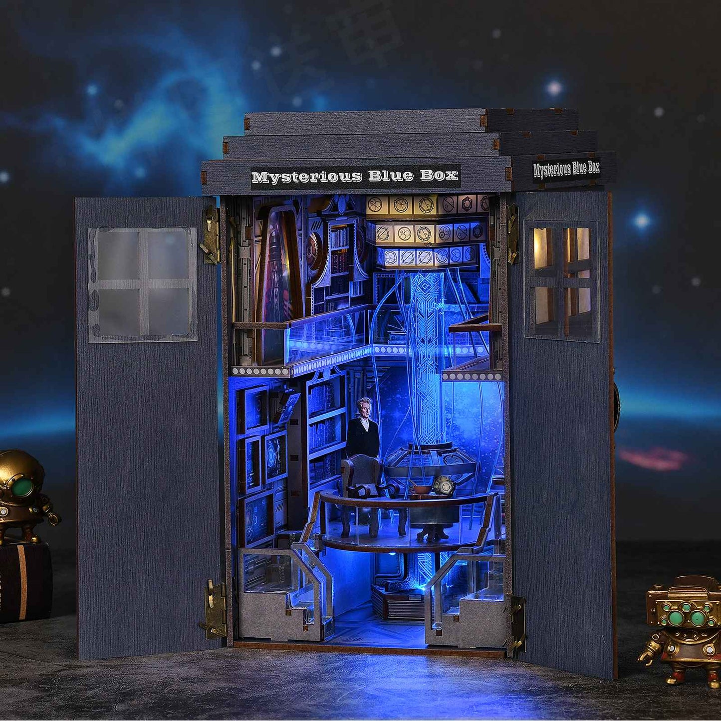 Kit Faça Você Mesmo "Cantinho do Livro" Livraria Cabine Telefônica Misteriosa, Casa de Bonecas de Madeira com Luz, Estante de Livros em Miniatura, Quebra-Cabeça 3D, Decoração para Presente