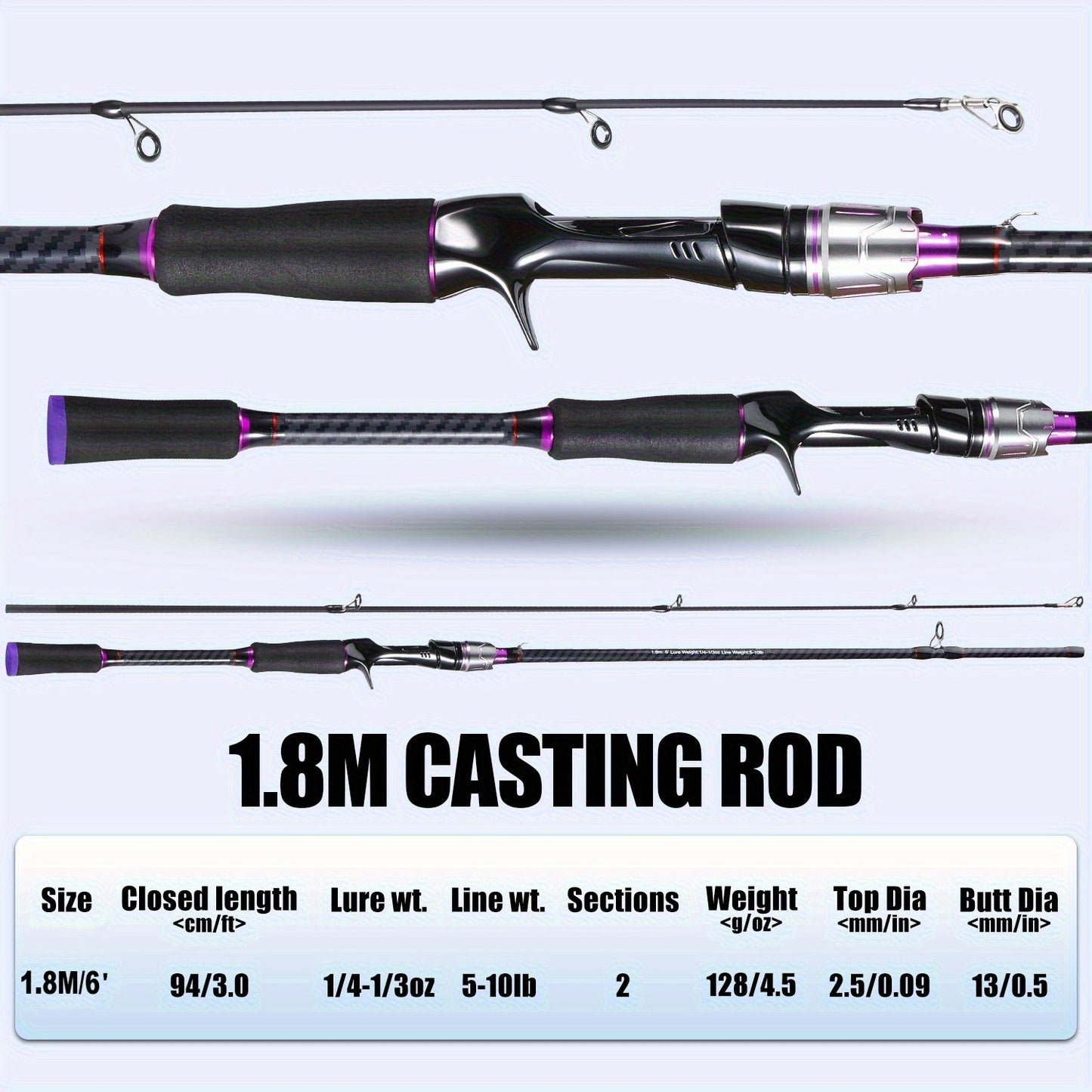 Vara de Pesca Telescópica de Carbono 180cm, Ação Rápida para Lançamento Longo, Cores Preto e Roxo, para Água Doce e Salgada