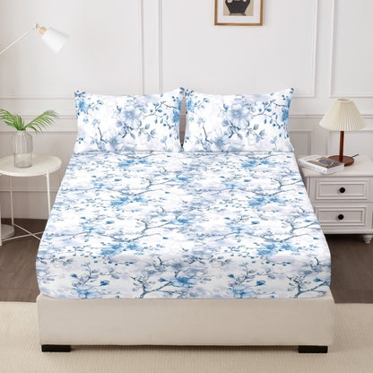 Conjunto de 3 peças de lençol de cama ajustável e fronhas em microfibra, estampado, toque macio, respirável, para cama queen size, capa de colchão