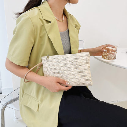Women Girls Fashion Clutch Solid Straw Wristlet Bag Ladies Beach Summer Handbags Purse Daily Money Coin Phone Card Bag