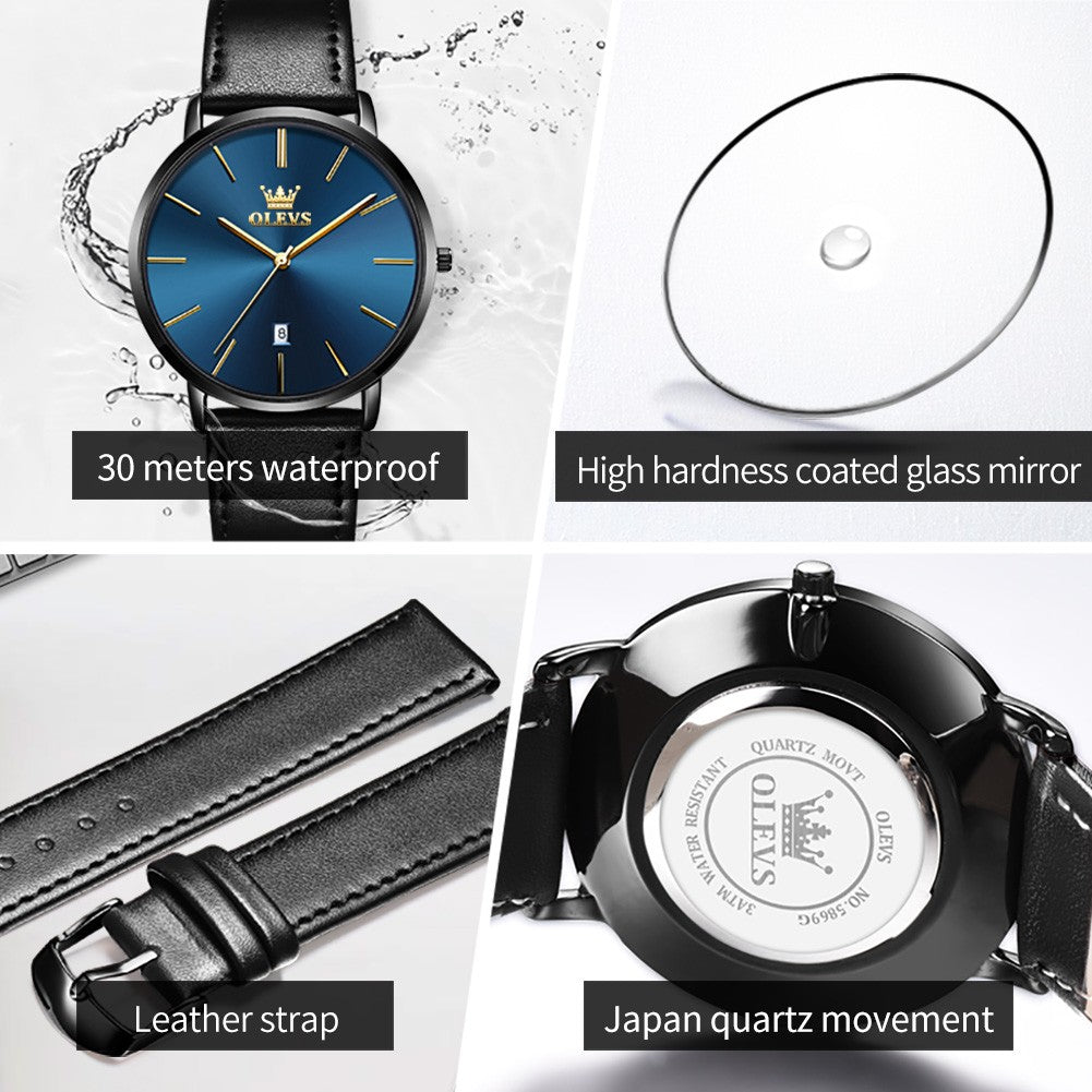 OLEVS 5869 Watch Man Casual Fashion Original Quartz Watch Waterproof Luminous Leather Strap Watches For Men Thin Watch Dial
