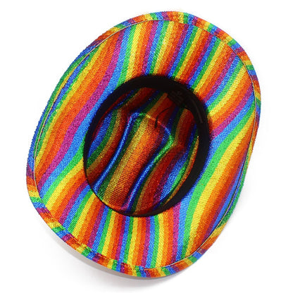 Striped Print Fedora Hats Cowboy Cowgirl Hat for Women Men Curl Wide Brim Western Bronzing Cloth Cap for Party Halloween Caps