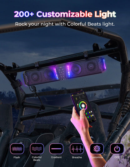 KEMiMOTO Midnight 80 Sound Bar IP66 Waterproof with RGB APP Remote Control Soundbar For Golf Cart UTV ATV fits 1"-2" Roll Bars