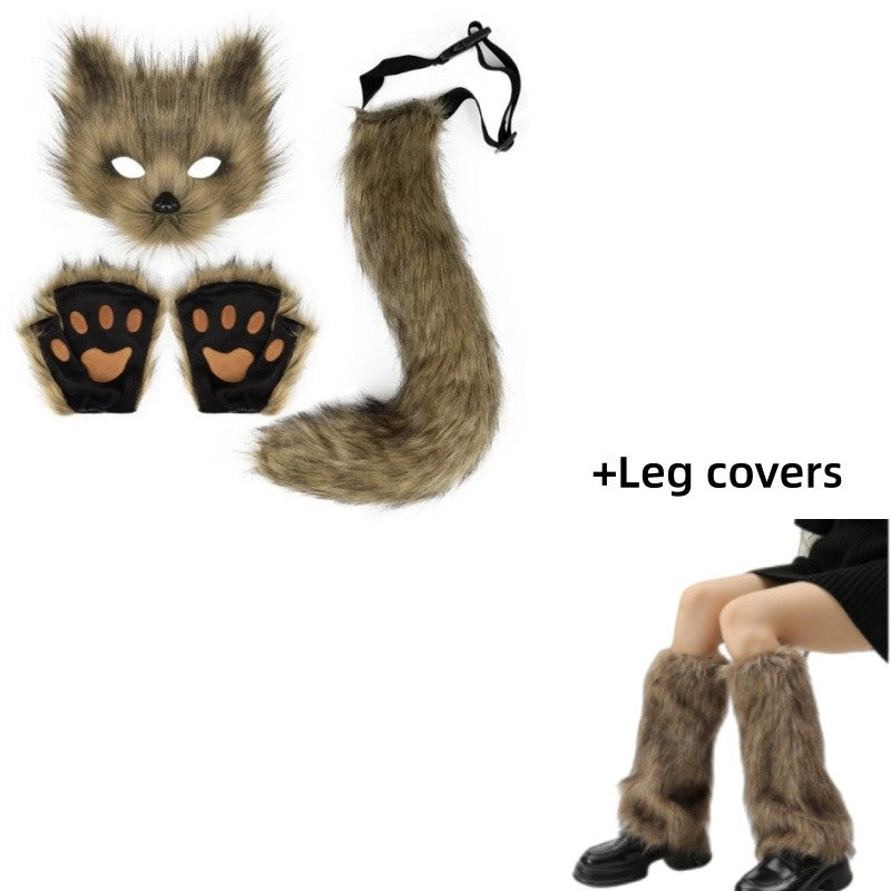 Costume Set Fox Tail Ears Gloves Artificial Fur Boot Covers Cosplay Halloween Prop Adult Women Men Unisex