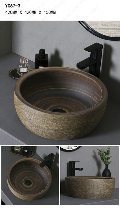 Cuba de Cerâmica Marrom para Lavatório de Banheiro Oval Artística para Mesa de Banheiro, Bacia de Lavar Roupa para Varanda, Bacia de Pedestal Acima do Balcão