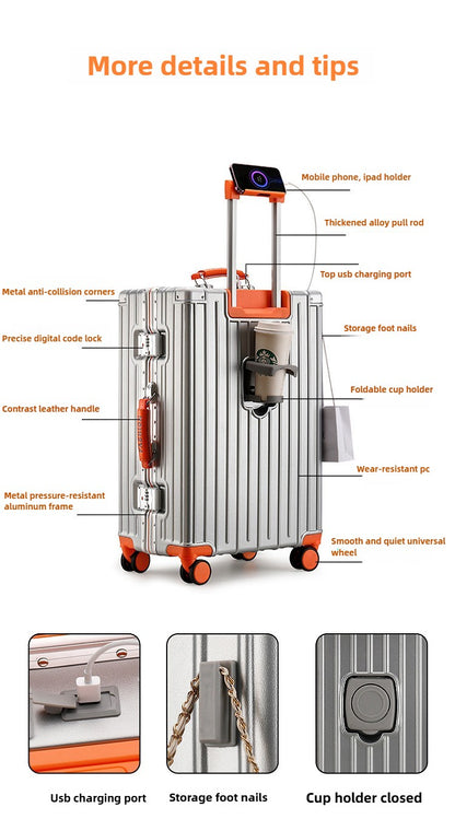 Mala de Bagagem Multifuncional, Maleta com Combinação de Cores e Trava e Rodas Silenciosas, Mala de Viagem com Carregamento USB 20/22/24/26 polegadas