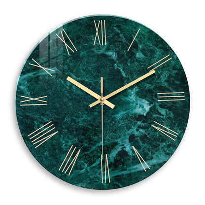 Creative Stylish Dark Green Marble Texture Pattern Tempered Glass Wall Clock Living Room Bedroom Kitchen Home Decoration Wall Clock Silent Quartz Clock Holiday Gift 12 Inches 14 Inches 16inch (Without Batteries)