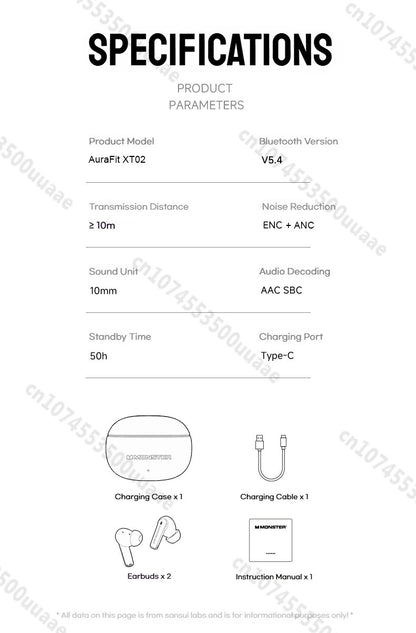 Monster AuraFit XT02 ANC Bluetooth Earphone -32dB Active Noise Canceling Earbuds Hi-fi Stereo Wireless Bluetooth 5.4 Headphone