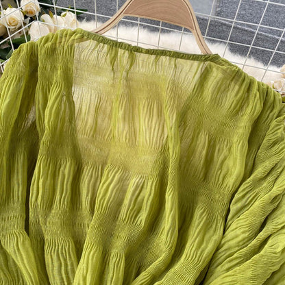 Summer Sexy Draped Chiffon Blouse For Women Elegant V-Neck Puff Long Sleeve Short Tops Female Slim Party Shirts 2022 New Fashion