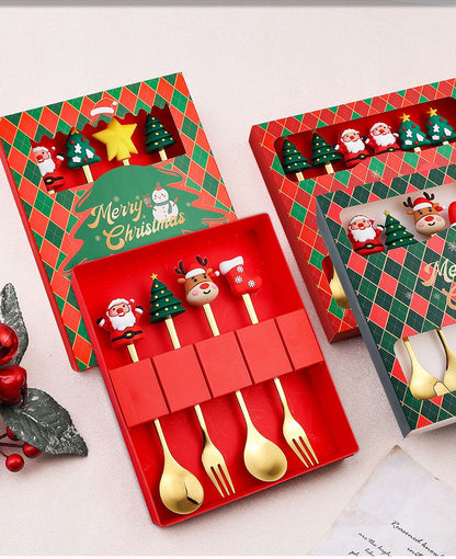 Christmas Themed Cutlery Gift Set 2/4/6pcs Stainless Steel Forks Spoons for Dessert, Creative Holiday Tableware Coffee Tea Party
