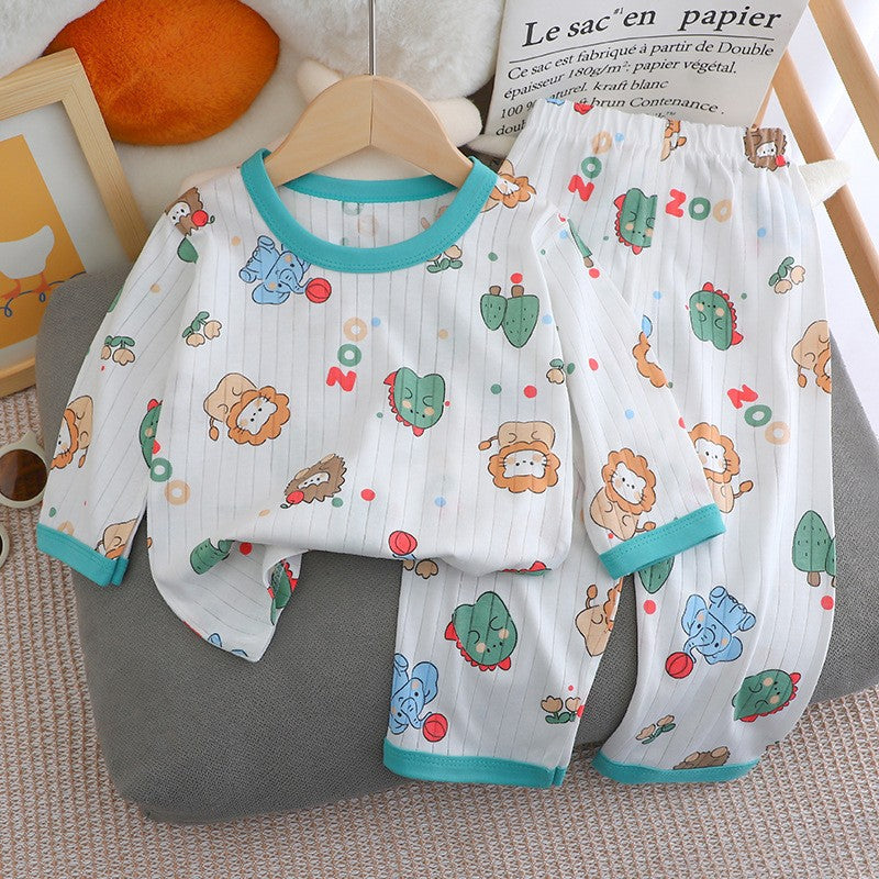 Kids Boys Girls Summer Cotton Thin Pajamas Cute Cartoon Print Long Sleeve T-shirt Tops+Pants Baby Clothing Sets