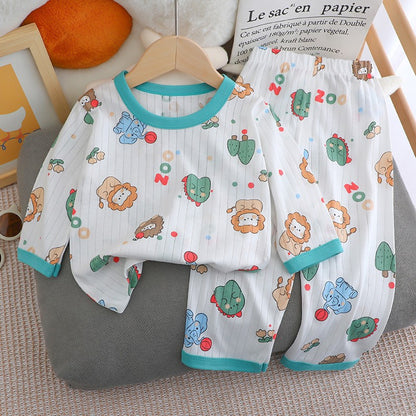 Kids Boys Girls Summer Cotton Thin Pajamas Cute Cartoon Print Long Sleeve T-shirt Tops+Pants Baby Clothing Sets