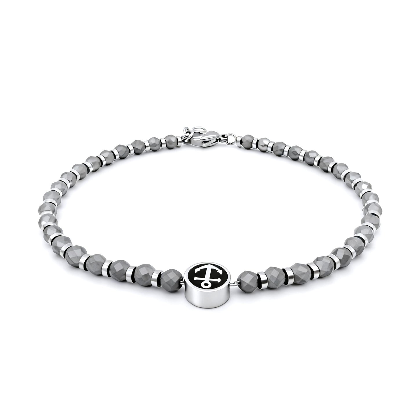 Pulseira Masculina Runda com Pingente Âncora em Hematita Preta Aço Inoxidável Ajustável 22cm Joia de Miçangas com Amuleto da Moda