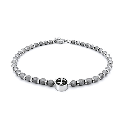 Pulseira Masculina Runda com Pingente Âncora em Hematita Preta Aço Inoxidável Ajustável 22cm Joia de Miçangas com Amuleto da Moda