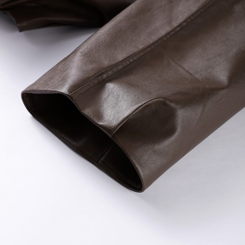 Vintage PU Leather Bomber Jackets 2025 Autumn New Ladies Zipper Lapel Long Sleeve Pocket Coat With Belt Women's Loose Streetwear