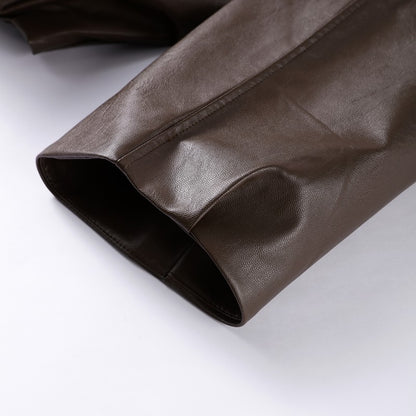 Vintage PU Leather Bomber Jackets 2025 Autumn New Ladies Zipper Lapel Long Sleeve Pocket Coat With Belt Women's Loose Streetwear