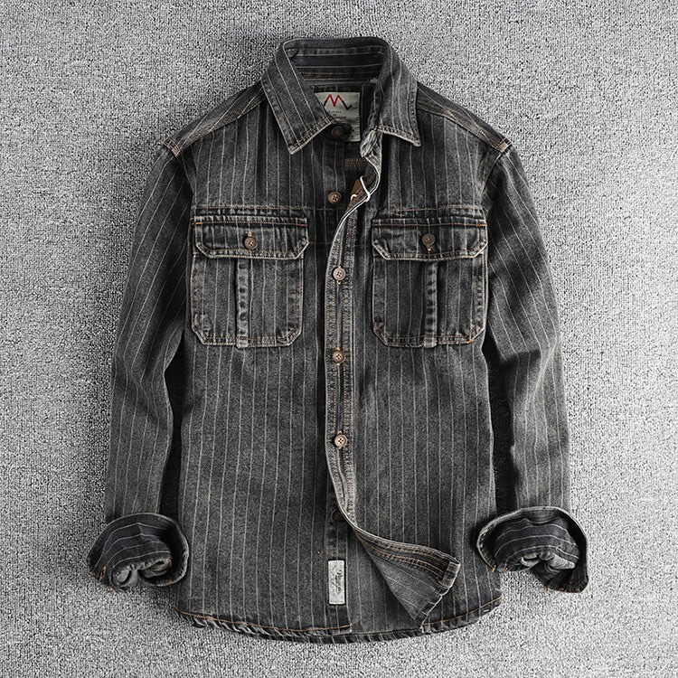 Heavy British retro black gray striped denim shirt for men new autumn end single cargo pocket shirt coat
