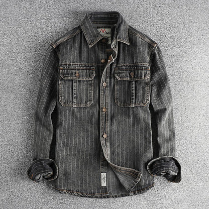 Heavy British retro black gray striped denim shirt for men new autumn end single cargo pocket shirt coat