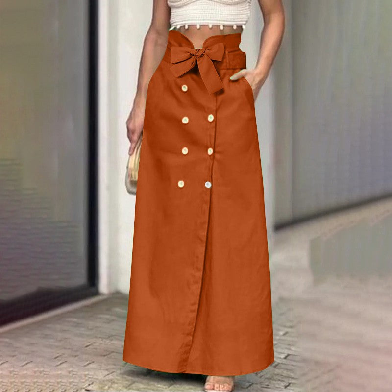 VONDA Plus Size 5XL Women Elegant Fashion Maxi Skirts 2024 Solid Color Bow Belt Casual Buttons Long Skirts Pockets Loose Bottoms