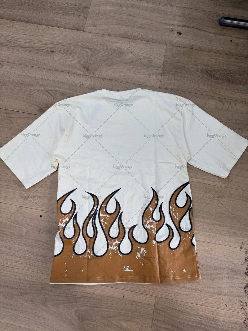 High Street Trendy Clothing Retro Fashion Flame Harajuku Oversized T-shirt Men Street Hip-hop Casual Loose Short Sleeve Women