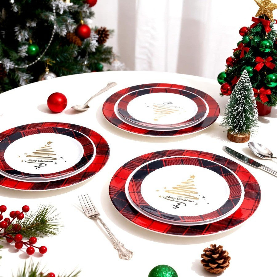 Conjunto de 100 Pratos de Plástico de Natal para Convidados 50 x 7.5 Sobremesa Descartável 50 x 10.25 Pratos de Natal Árvore de Natal Servir Jantar