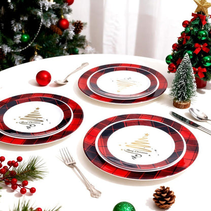 Conjunto de 100 Pratos de Plástico de Natal para Convidados 50 x 7.5 Sobremesa Descartável 50 x 10.25 Pratos de Natal Árvore de Natal Servir Jantar