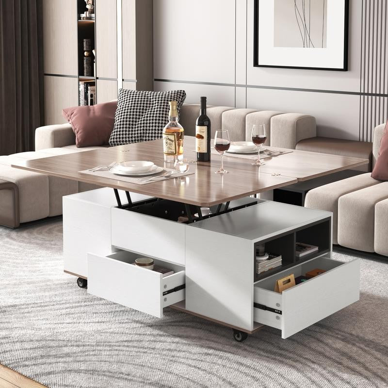 Modern Walnut & White Lift-Top Coffee Table, Multi-Functional with Drawers & Shelves