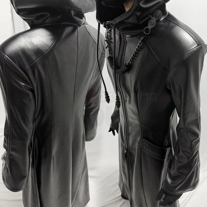 HOLOUN Organization XIII Cosplay Costume Game KH Convention Halloween Christmas Black Hooded Faux Leather Coat Necklace Gloves
