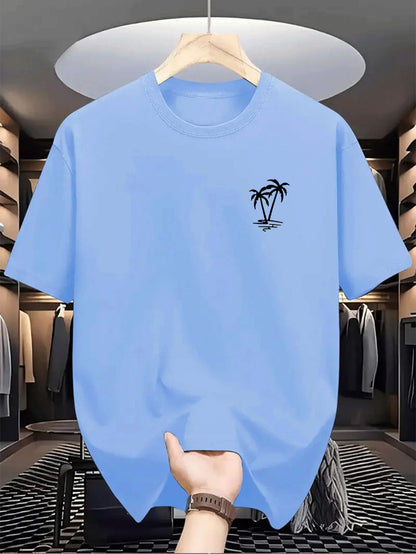 Men's summer 100% cotton fashionable casual loose coconut tree pattern printed sports round neck short sleeved T-shirt top