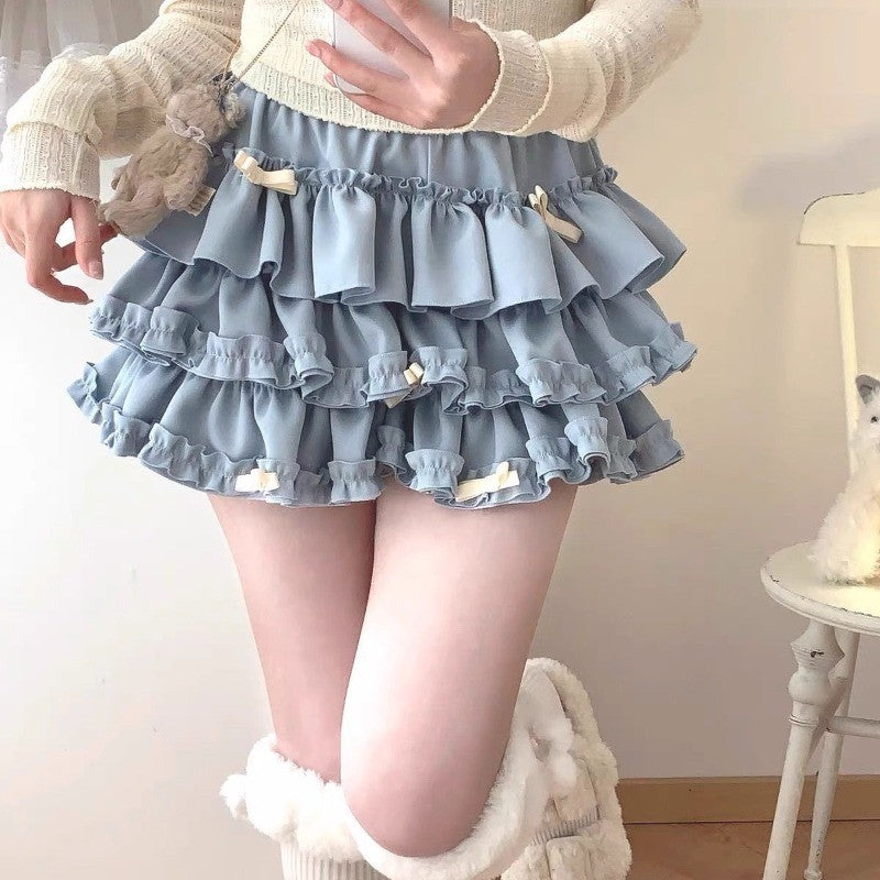 2025 Summer New Versatile Women's Clothing Blue Bow Lace Cake Tutu Mini Skirt Kawaii Pink Sweet Cute Thin A-line Skirts Ladies