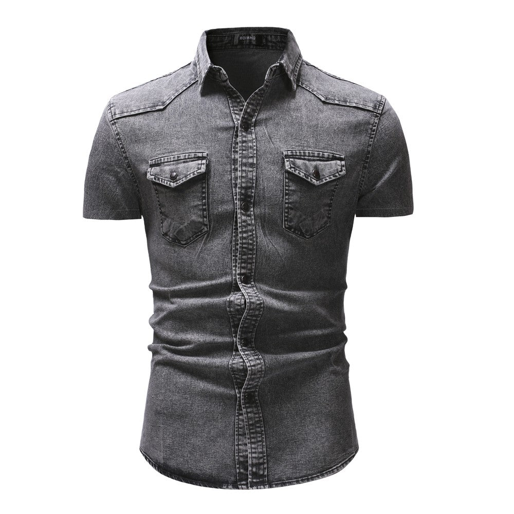 Men Denim Shirts Tops Shirt Short Sleeve Button Turn Down Collar Single Breasted Slim Fit Solid Simple Casual Splice Top 2024