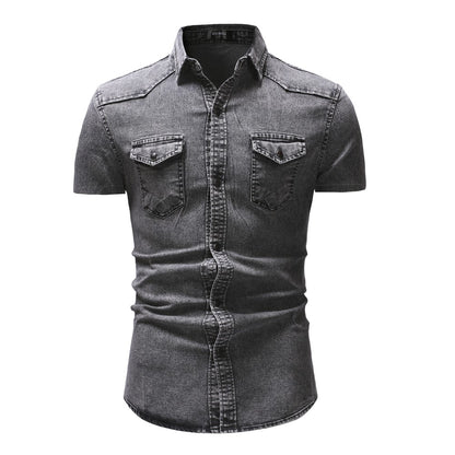 Men Denim Shirts Tops Shirt Short Sleeve Button Turn Down Collar Single Breasted Slim Fit Solid Simple Casual Splice Top 2024