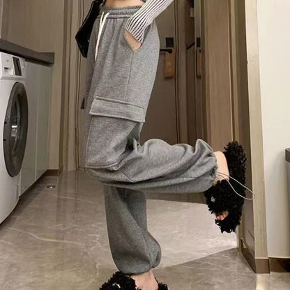 Winter Thick Fleece Women's Pants Casual Matching Cargo Pants Chic Sportswear Drawstring Straight Pants Lady's Trousers Pocket