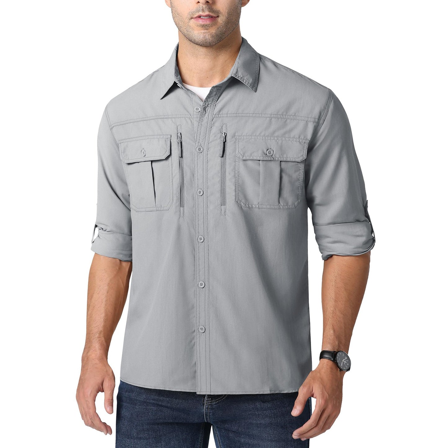 MAGCOMSEN UPF 50+ Mens Quick Dry Cargo Shirts Mesh Breathable Long Sleeve Work Shirts UV block Outdoor Hiking Fishing Shirts