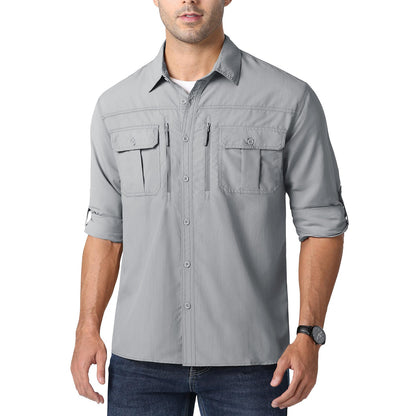 MAGCOMSEN UPF 50+ Mens Quick Dry Cargo Shirts Mesh Breathable Long Sleeve Work Shirts UV block Outdoor Hiking Fishing Shirts
