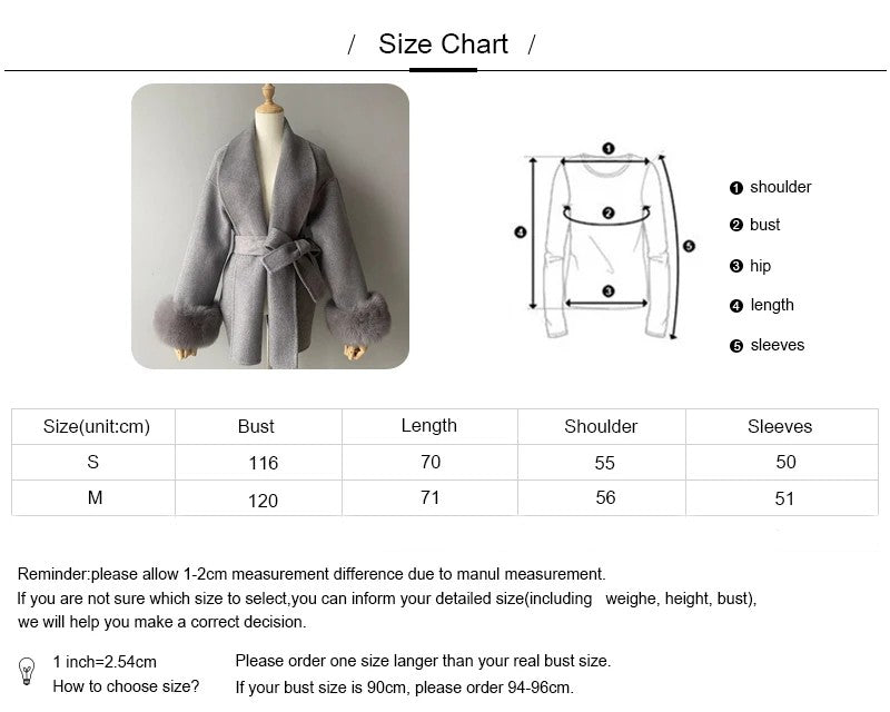 Jxwatcher Women's Wool Coat with Real Fox Fur Cuffs Ladies Elegance Belt Slim Outerwear Fall Winter High-End Wool Coats 2024 New