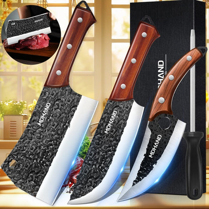 ZENG 4pcs Forged Kitchen Knives Meat Vegetable Hammered Style Chopper Red Sandalwood Handle Stainless Steel Bone Cutting Knife