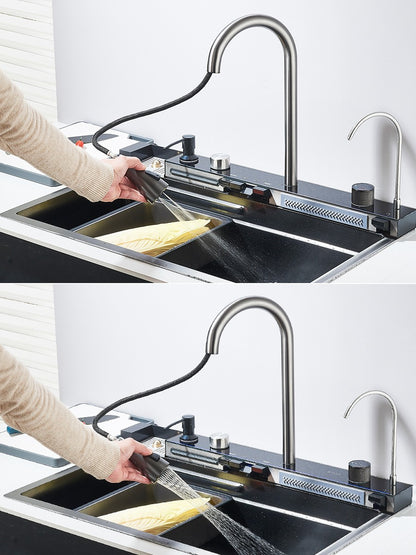 Large 304 Kitchen Sinks 75x45cm Stainless Steel Kitchen Waterfall Sink Digital Display Large Single Sink Dish Washer Faucet