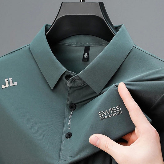 New Men's Business Casual Short Sleeved Shirt with Badge Solid Color Polo Shirt Fashionable Breathable Comfortable Versatile Top