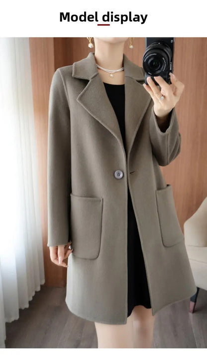 Ladies' Fashionable Woolen Coat Autumn Winter High End Medium Length Leisure Style Woolen Outerwear Pure Color Full Sleeve