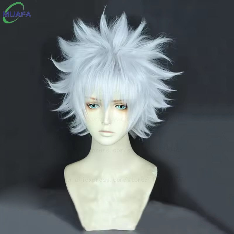 High Quality Anime Hunter Killua Zoldyck Cosplay Wig 30cm Short Silver White Heat Resistant Synthetic Hair Party Wigs + Wig Cap