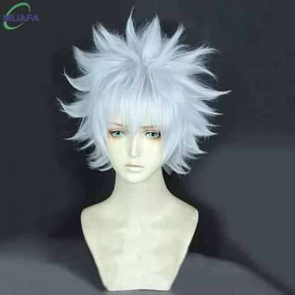 High Quality Anime Hunter Killua Zoldyck Cosplay Wig 30cm Short Silver White Heat Resistant Synthetic Hair Party Wigs + Wig Cap