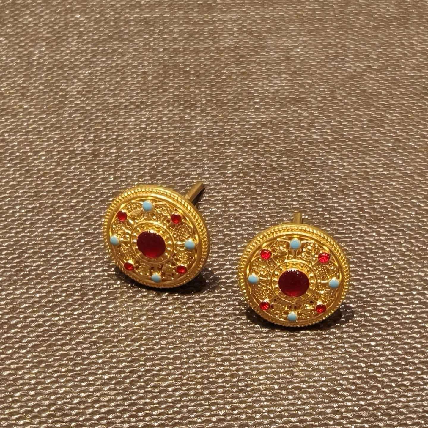 Elegant Enamel Craft Enamel Eight Treasures Compass Stud Earrings For Women 24K Gold AU999, Delicate glaze with ancient charm