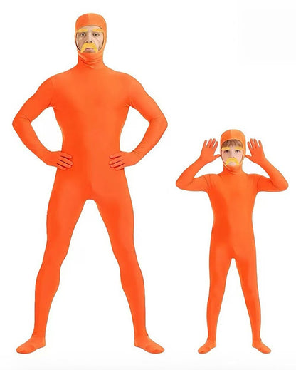Halloween Orange Zentai Suit Open Face Full Body Bodysuit with Yellow Mustache Eyebrow for Adult Kid Cosplay Party Costume