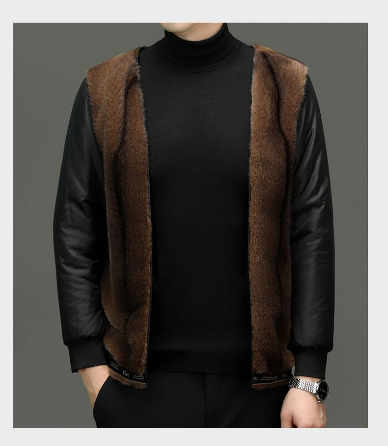 Outcoat Winter Faux Leather Jacket Detachable Golden Mink Fleece Inner Lining Top Layer Faux Deerskin One-piece Warm Men's Coat