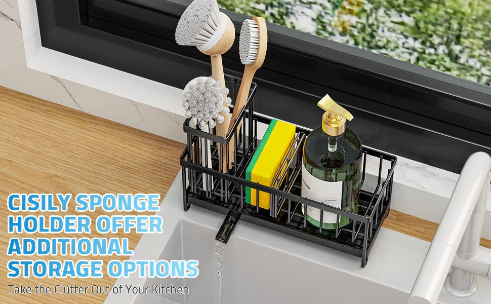 Sponge Holder for Kitchen Sink, Sink Caddy with High Brush Holder, Kitchen Sink Organizer